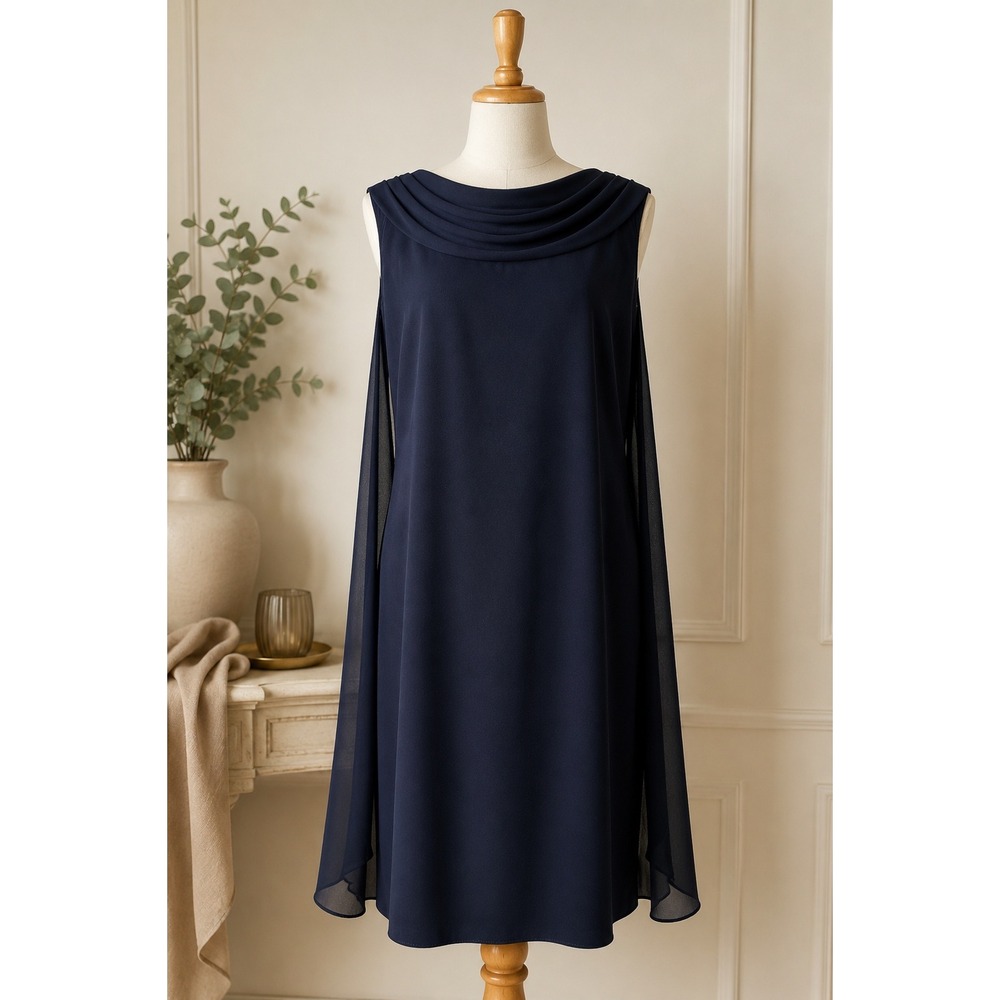 Jacques Vert Navy Chiffon Cape Dress Wedding Guest Mother of the Bride size 18